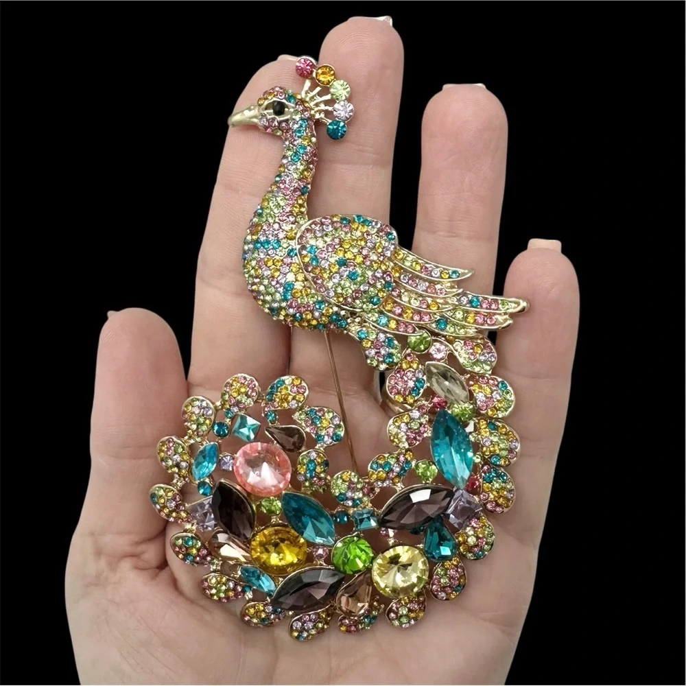 HUGE Signed Peacock Multicolor Rhinestone Gold Tone Brooch Pin